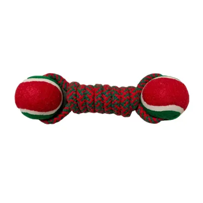 Christmas Cotton Rope Dog Toy Dumbbell with Tennis Ball