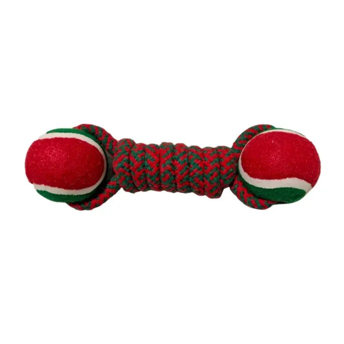 Christmas dog dumbbell toy Christmas Cotton Rope Dog Toy Dumbbell with Tennis Ball