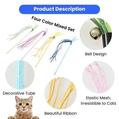 4-Color Mixed Elastic Mesh Cat Teaser Wand with Ribbons and Bells5 4-Color Mixed Elastic Mesh Cat Teaser Wand with Ribbons and Bells5