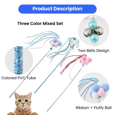 3-Color Mixed Pom-pom Cat Teaser Wand with Ribbons and Bells5 3-Color Mixed Pom-pom Cat Teaser Wand with Ribbons and Bells5