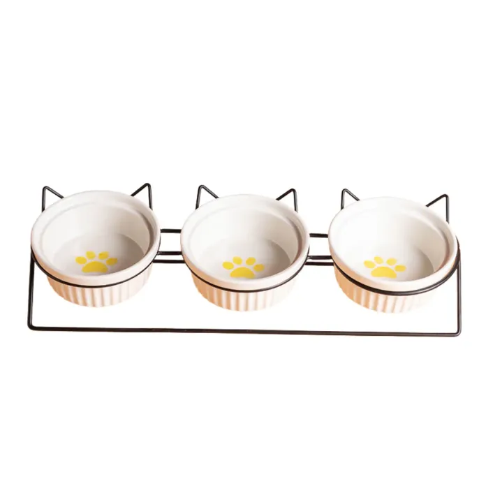 Elevated Triple Ceramic with Iron Stand Neck Protect Cat Bowls (10) Elevated Triple Ceramic with Iron Stand Neck Protect Cat Bowls (10)