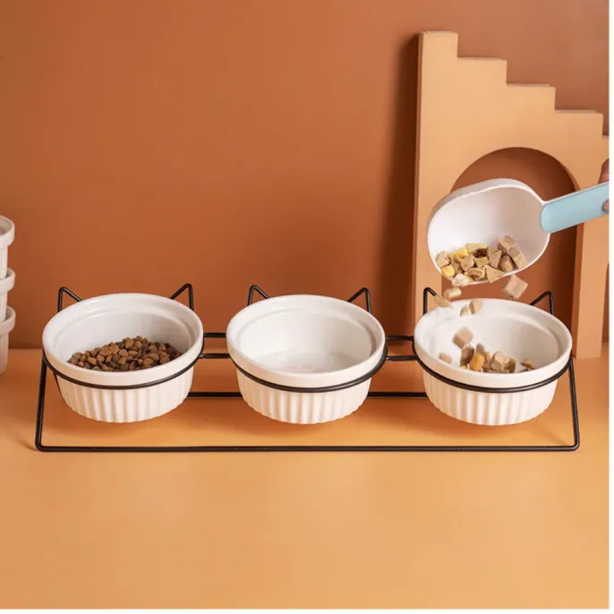 Elevated Triple Ceramic with Iron Stand Neck Protect Cat Bowls (3) Elevated Triple Ceramic with Iron Stand Neck Protect Cat Bowls (3)