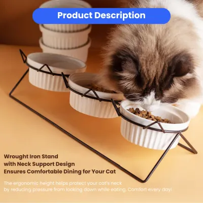 Elevated Triple Ceramic with Iron Stand Neck Protect Cat Bowls (5)