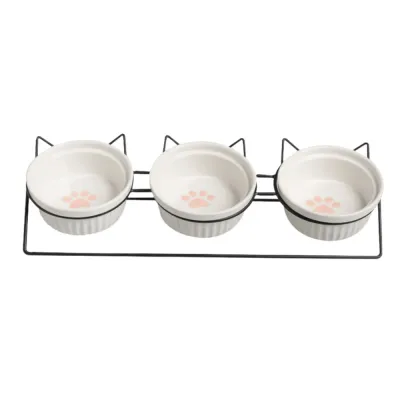 Elevated Triple Ceramic with Iron Stand Neck Protect Cat Bowls (8)