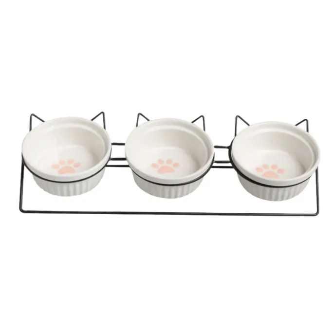 Elevated Triple Ceramic with Iron Stand Neck Protect Cat Bowls (8) Elevated Triple Ceramic with Iron Stand Neck Protect Cat Bowls (8)