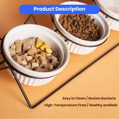 Elevated Triple Ceramic with Iron Stand Neck Protect Cat Bowls (4)