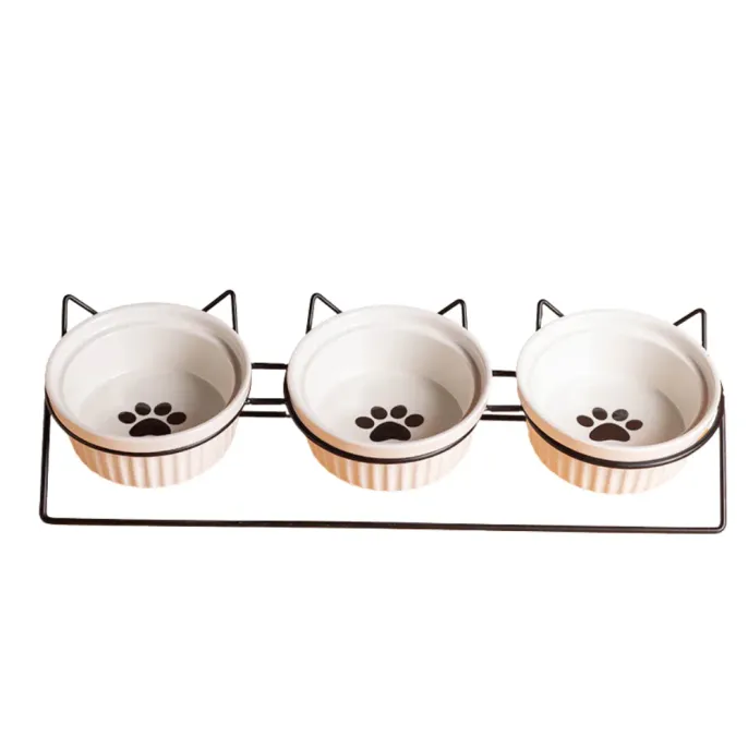 Elevated Triple Ceramic with Iron Stand Neck Protect Cat Bowls (11) Elevated Triple Ceramic with Iron Stand Neck Protect Cat Bowls (11)