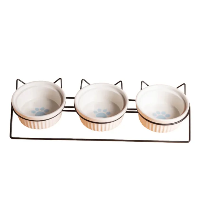 Elevated Triple Ceramic with Iron Stand Neck Protect Cat Bowls (9) Elevated Triple Ceramic with Iron Stand Neck Protect Cat Bowls (9)