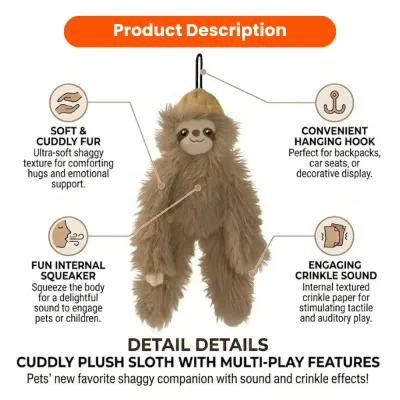 Cute Khaki Sloth Style Hangable Squeaky Crinkly Dog Companion Toy7
