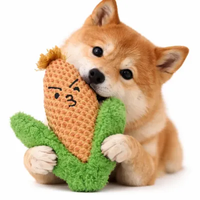 dog playing with corn plush squeaky toy indoor soft interactive chew toy for puppies and small dogs