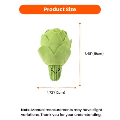 Artichoke plush dog toy size showing 7.5 inches height and 4.7 inches width suitable for small and medium dogs