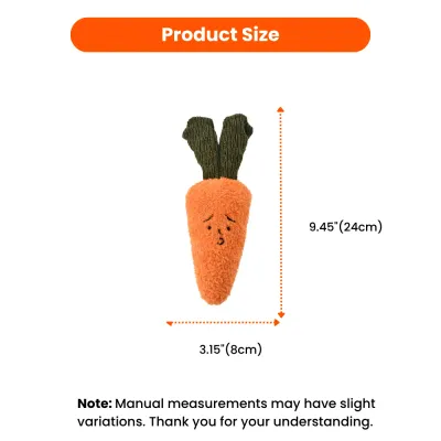 Carrot Dog Toy Size Dimensions Plush Squeaky Pet Toy 9.45″ Carrot plush dog toy size showing 9.45″ height and 3.15″ width suitable for small and medium dogs