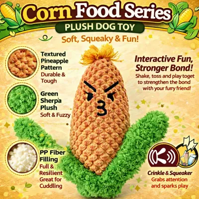 corn plush dog toy features soft sherpa fabric squeaker crinkle pp fiber filling interactive pet toy