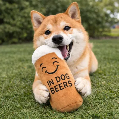 Title Dog Playing with Beer Plush Toy Outdoor dog playing with beer plush dog toy on grass outdoor interactive squeaky pet toy