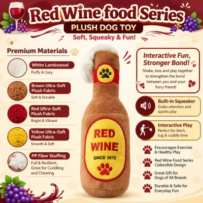 Red Wine Plush Dog Toy Features and Materials Overview plush dog toy red wine design materials squeaker interactive pet toy features