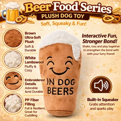 Beer Plush Dog Toy Features Materials and Squeaker beer plush dog toy materials squeaker feature soft plush durable dog toy details