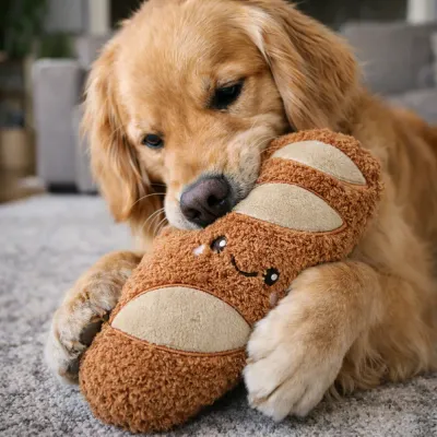 dog chewing bread plush squeaky toy indoor soft pet toy for chewing and cuddling