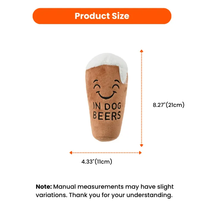 Beer Plush Dog Toy Size Dimensions in Inches beer plush dog toy size 8.27 inch height 4.33 inch width dog toy dimensions
