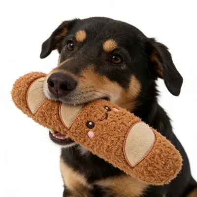 dog playing with bread plush squeaky toy interactive chew toy for puppies and small dogs