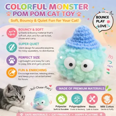 Soft & Quiet Pom Pom Cat Toy – Safe Plush Interactive Toy soft quiet pom pom cat toy plush material safe interactive kitten toy