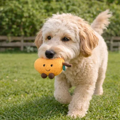 dog playing outdoor with plush fruit toy squeaky dog toy for active dogs dog carrying plush mango toy outdoor grass interactive fetch dog toy