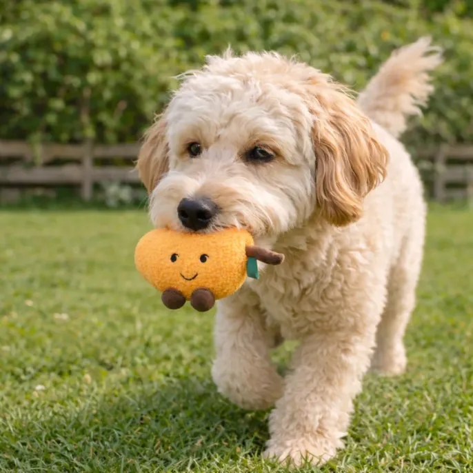 dog playing outdoor with plush fruit toy squeaky dog toy for active dogs dog carrying plush mango toy outdoor grass interactive fetch dog toy