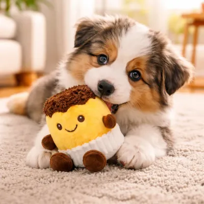 cute-puppy-playing-with-plush-dog-toy-home-scene cute puppy playing with caramel pudding plush dog toy in cozy home environment