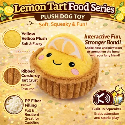 lemon tart plush dog toy features squeaker material detail
