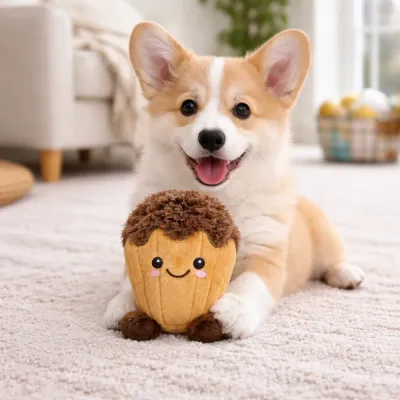cute puppy playing plush dog toy indoor soft squeaky toy cute puppy playing with soft plush squeaky dog toy in home indoor scene