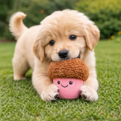 Puppy Playing Squeaky Plush Toy Outdoor Pet Toy golden puppy playing cupcake plush toy on grass outdoor