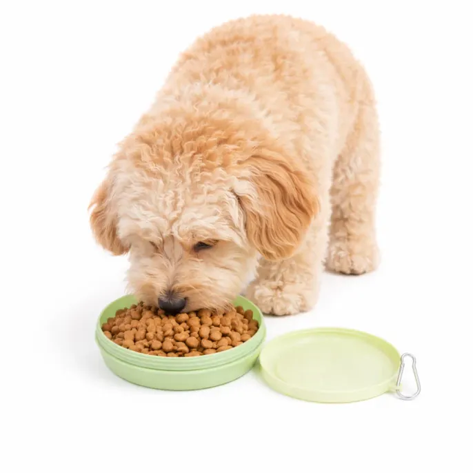 dog eating food from portable collapsible dog bowl for travel outdoor feeding
