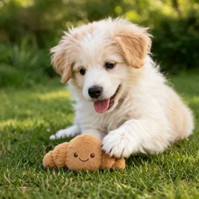Puppy Playing with Plush Dog Toy Outdoor Soft Squeaky Pet Toy puppy playing with plush squeaky dog toy in grass outdoor pet toy interaction