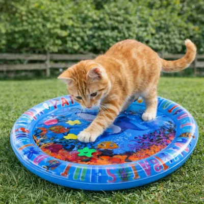 Cat Playing on Inflatable Pet Water Pad Outdoor Summer Fun cat playing on inflatable pet water pad outdoor cooling splash mat
