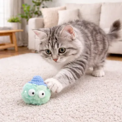 kitten playing with pom pom cat toy indoor plush interactive cat toy