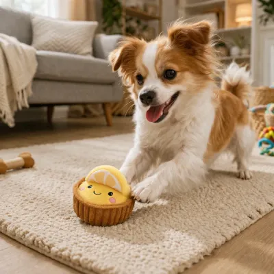 dog playing plush squeaky toy indoor home lifestyle scene