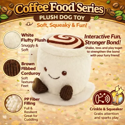 Coffee Plush Dog Toy Soft Squeaky Durable Pet Toy Details coffee plush dog toy soft fabric squeaker crinkle pp fiber filling durable pet toy