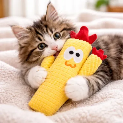 Kitten Playing Yellow Catnip Plush Toy Interactive Cat Toy kitten biting yellow cactus plush catnip toy soft interactive pet toy