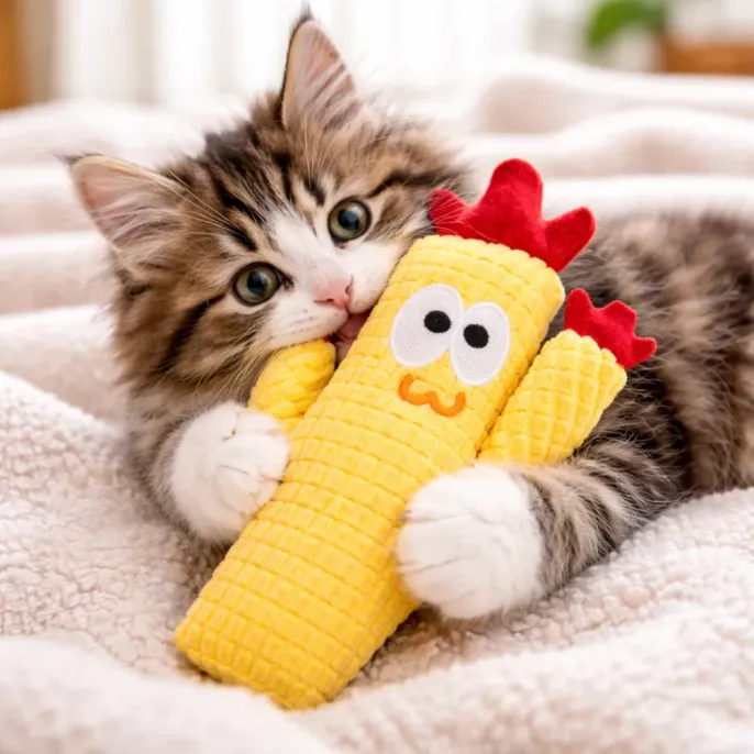 Kitten Playing Yellow Catnip Plush Toy Interactive Cat Toy kitten biting yellow cactus plush catnip toy soft interactive pet toy