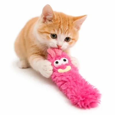 Catnip Plush Cat Toy Pink – Interactive Chew Toy for Cats Bulk orange kitten playing with pink plush catnip toy soft interactive chew toy for cats wholesale