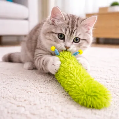 Kitten Playing Catnip Plush Toy – Interactive Cat Toy Scene kitten playing with long plush catnip toy indoor interactive cat toy for exercise