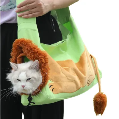 Cute Cat Carrier Tote Bag Green Canvas Pet Shoulder Bag green canvas cat carrier tote bag with cute lion design cat peeking out comfortable pet shoulder bag