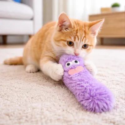 Interactive Catnip Toy for Indoor Cats – Plush Chew Toy Bulk kitten playing with purple plush catnip toy indoor interactive cat toy bulk supplier