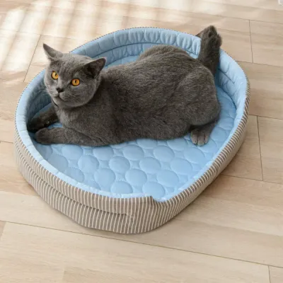 grey cat resting on cooling pet bed soft breathable indoor cat bed