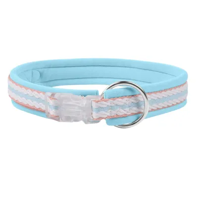blue dopamine dog collar with soft padding and durable metal D ring