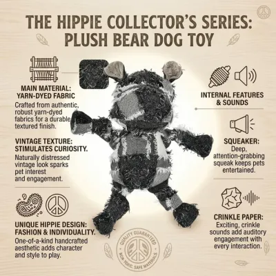 Dog Toy Internal Features Diagram Detailed diagram explaining yarn-dyed fabric, internal squeaker, and crinkle paper features.