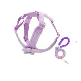 purple dog harness set with flower decoration breathable adjustable leash