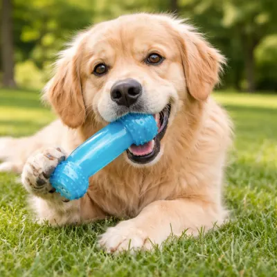 Interactive Dog Chew Toy for Outdoor Play | Durable Pet Toy golden retriever playing with blue dumbbell dog chew toy outdoors