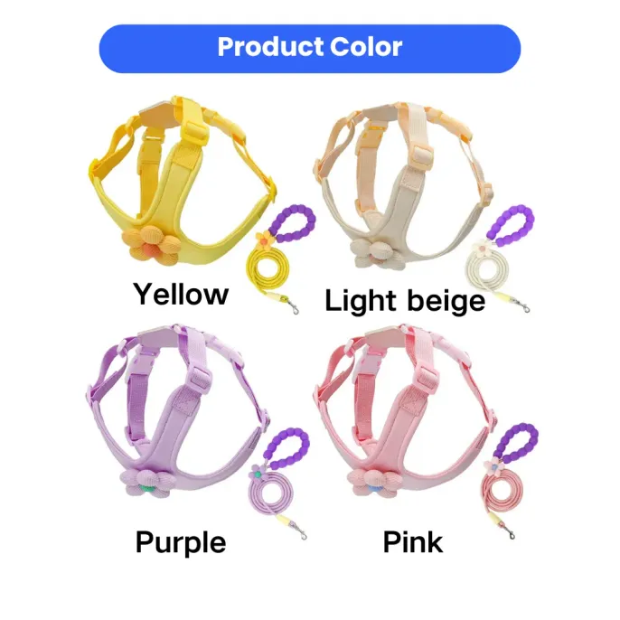 dog harness set color options yellow light beige purple pink with matching leash