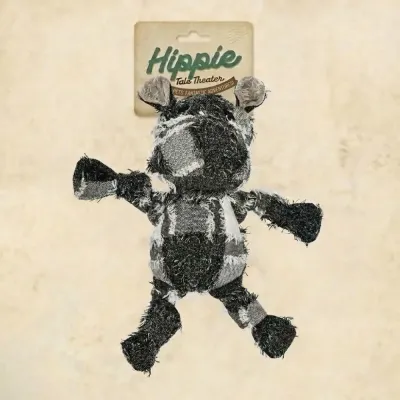 Hippie Tale Theater Hippo Dog Toy Front view of Hippie Collector's Series plush hippo dog toy with brand header tag.