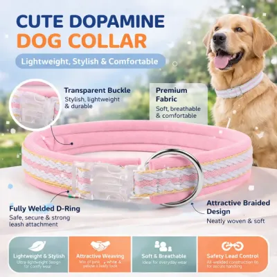 lightweight dopamine dog collar with soft fabric transparent buckle and braided design